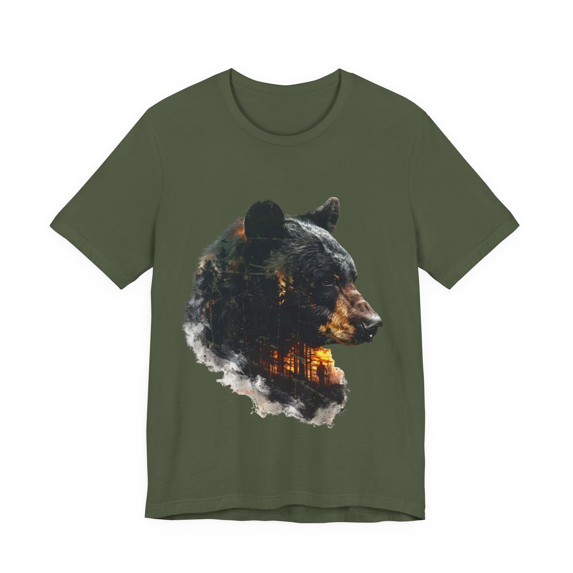 Black bear double exposure wildlife graphic tee in military green on a white background showing the dark forest, amber light, and human silhouette inside the bear profile.