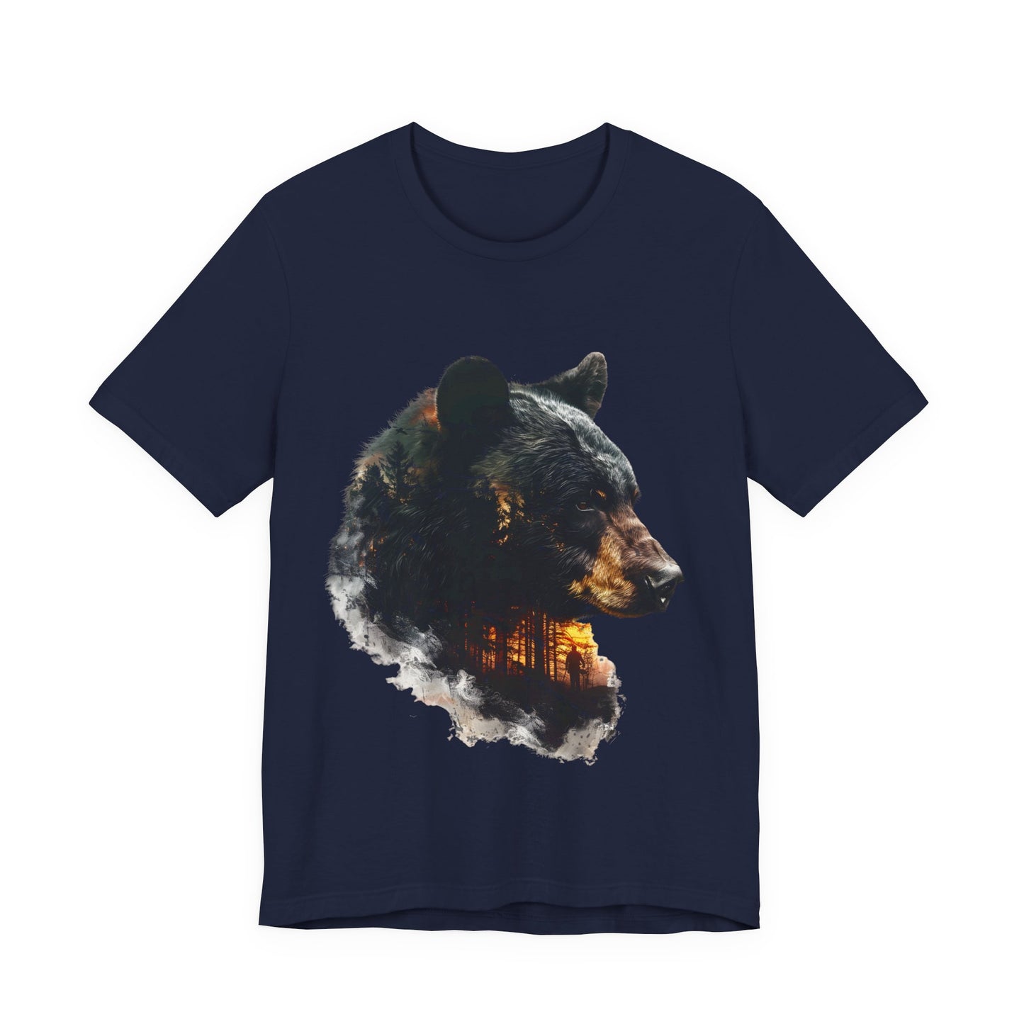 Black bear double exposure hunting graphic t-shirt in navy on a white background with the full atmospheric forest and amber light design inside the bear silhouette.
