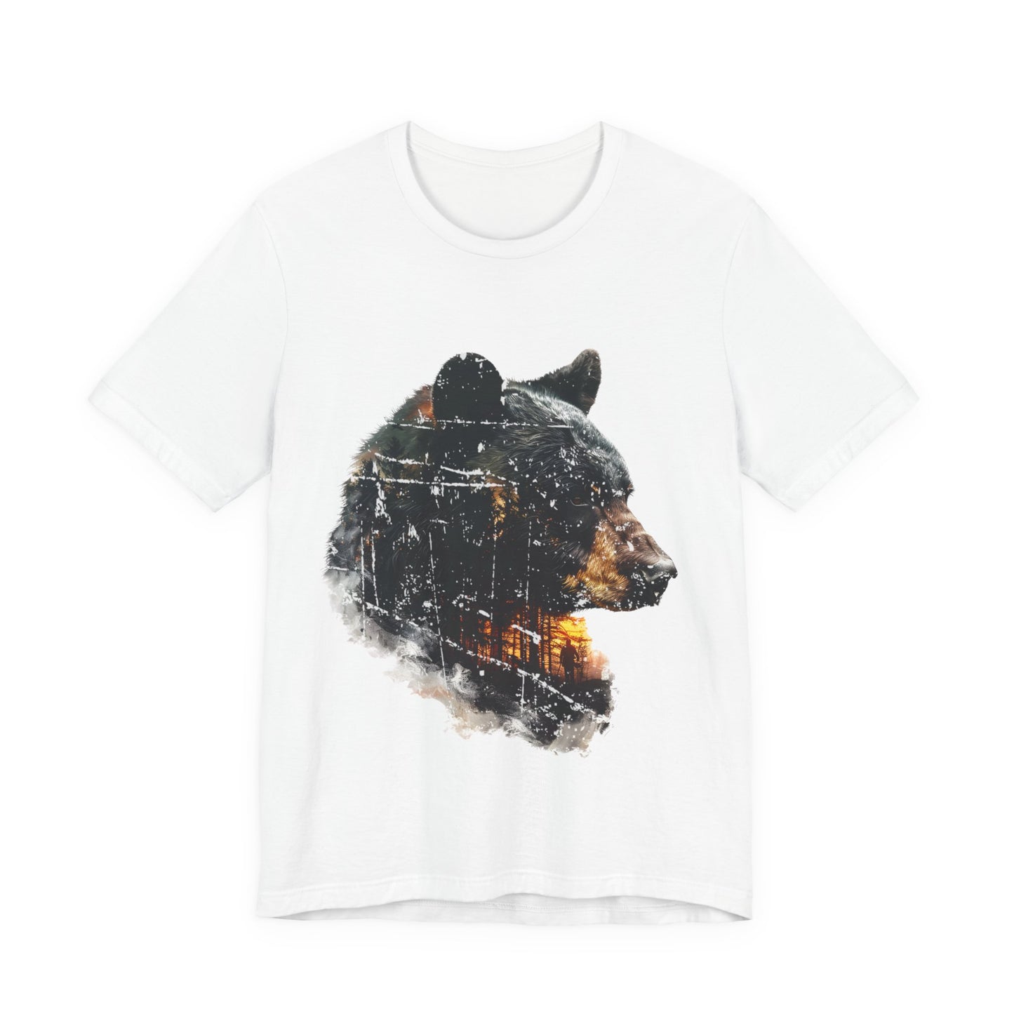 Black bear double exposure graphic tee in white on a white background showing a high-contrast weathered version of the bear forest and amber light design.