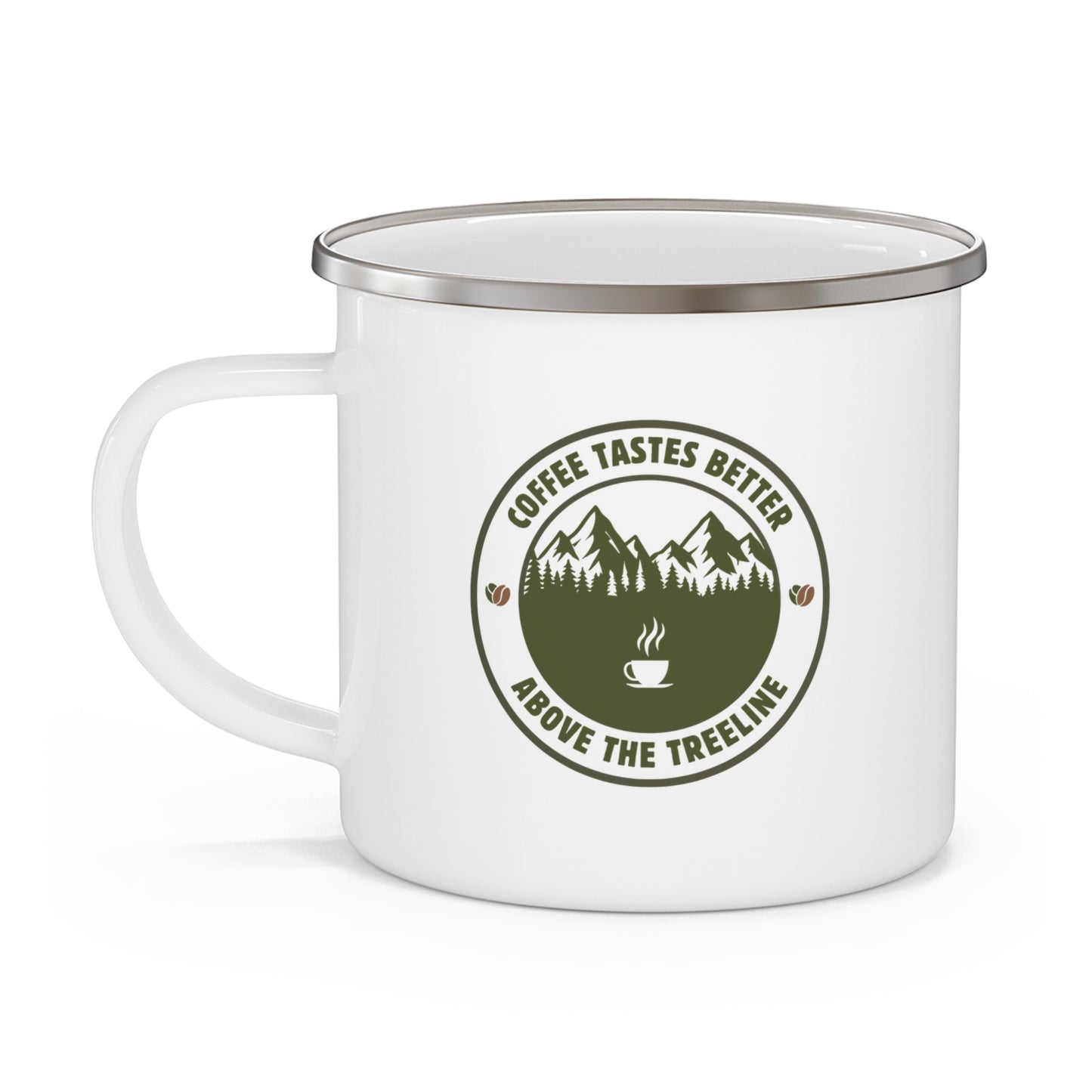 Coffee Tastes Better Above the Treeline white enamel camp mug on a white background showing the left side with the olive green mountain treeline badge graphic and stainless steel rim.