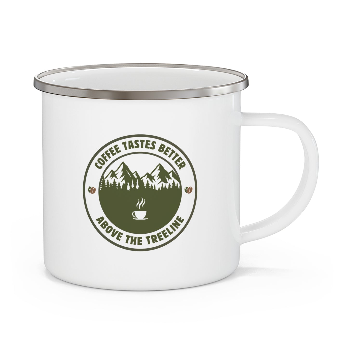 Coffee Tastes Better Above the Treeline white enamel camp mug on a white background showing the right side with the olive green badge graphic and the characteristic camp mug stainless rim.