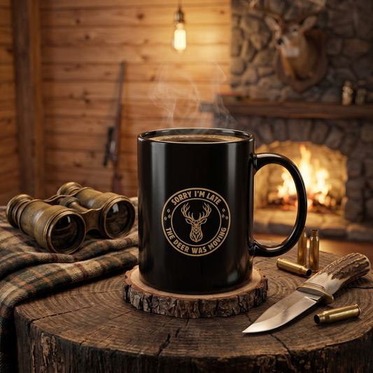 Black funny deer hunter coffee mug with gold whitetail buck badge design steaming on a wood slab coaster beside binoculars, shell casings, and a hunting knife in a rustic cabin with a stone fireplace glowing in the background.