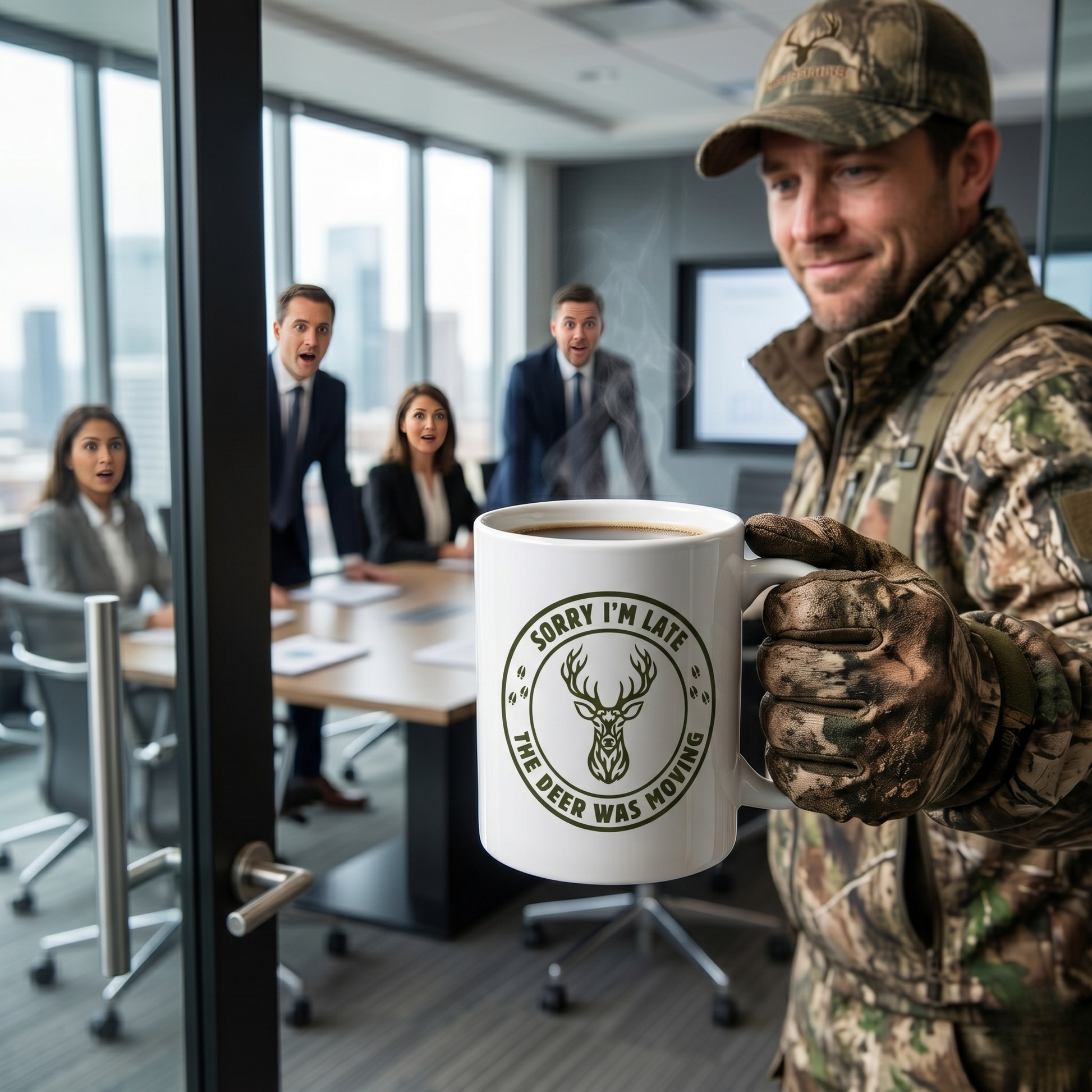 Hunter in full camouflage gear holding a Sorry I'm Late the Deer Was Moving funny deer hunting mug while arriving late to a corporate meeting.