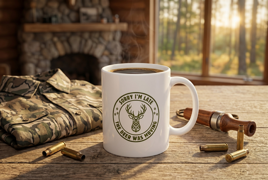 Funny deer hunter coffee mug with a whitetail buck badge design sitting on a rustic wood table beside shell casings and a camo jacket with a hunting cabin fireplace in the background.