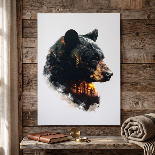 Bear Forest Sunset Double Exposure Poster