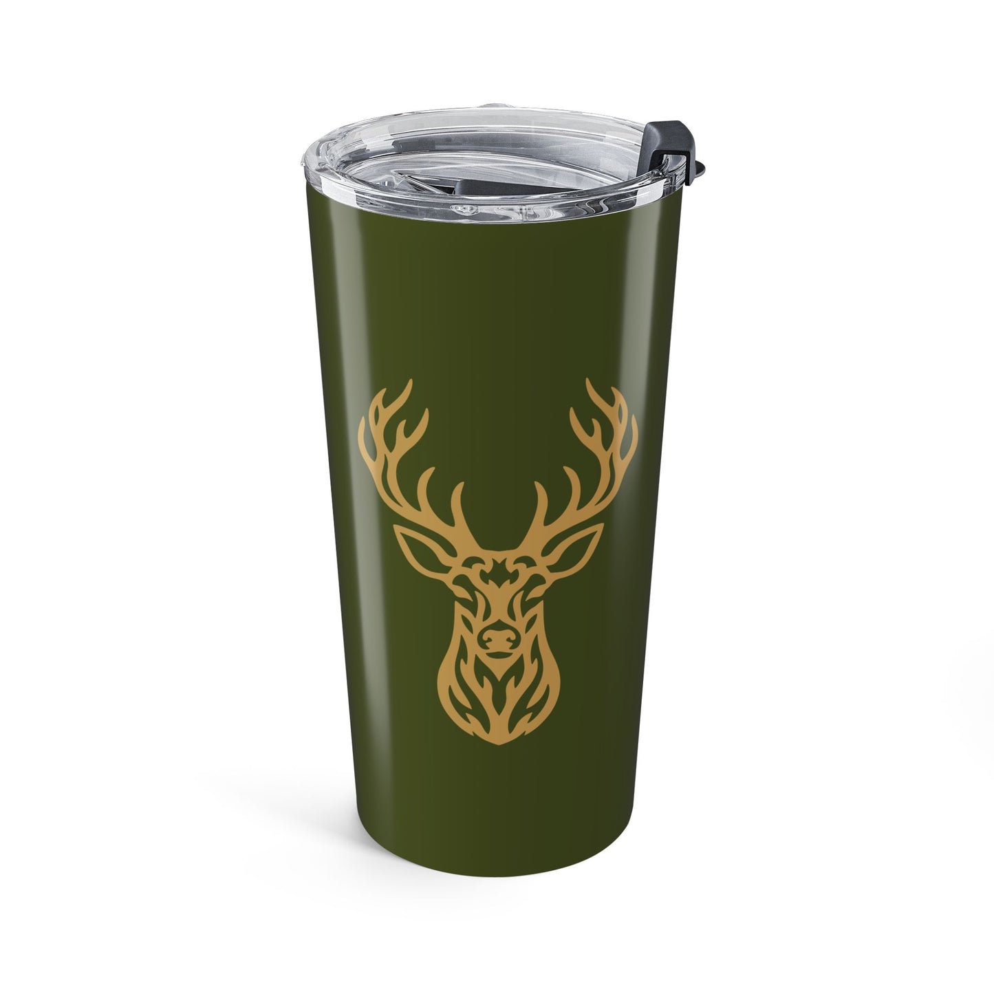 Olive green 20oz stainless steel whitetail deer tumbler on a white background showing the bold gold tribal deer head graphic on the front with a clear push-on lid.