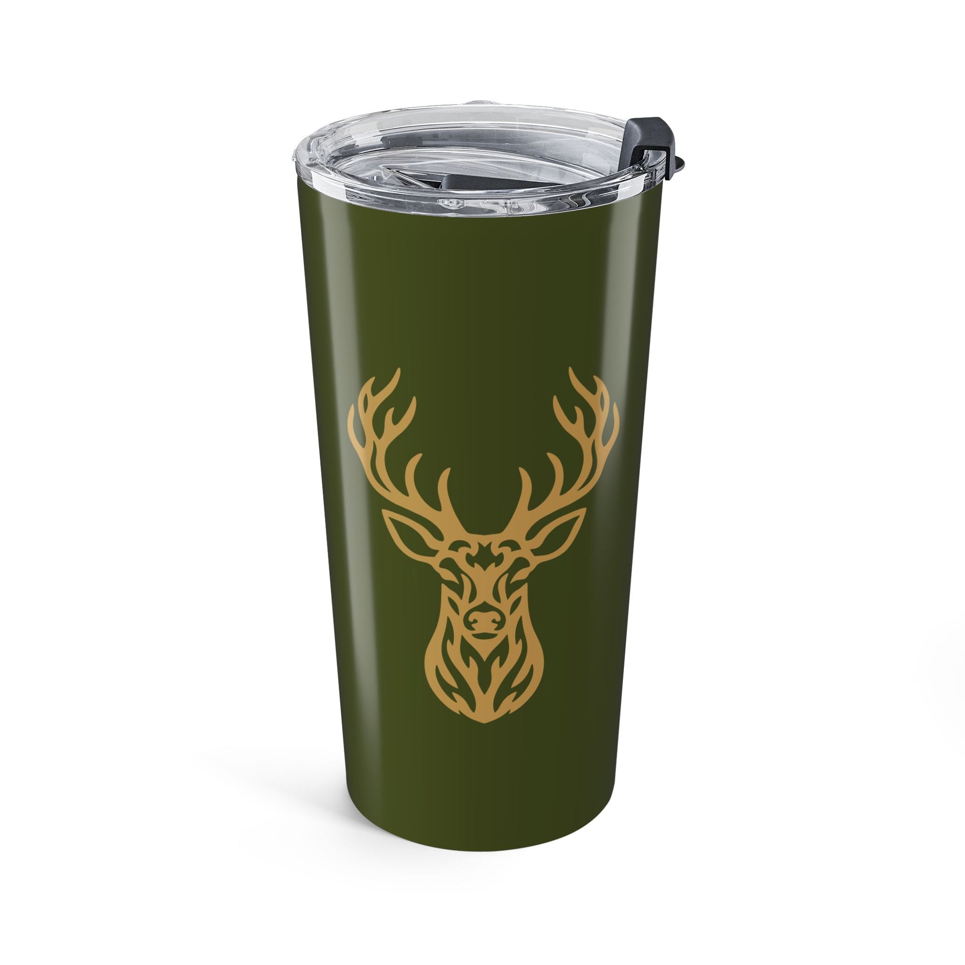 Olive green 20oz stainless steel whitetail deer tumbler on a white background showing the bold gold tribal deer head graphic on the front with a clear push-on lid.
