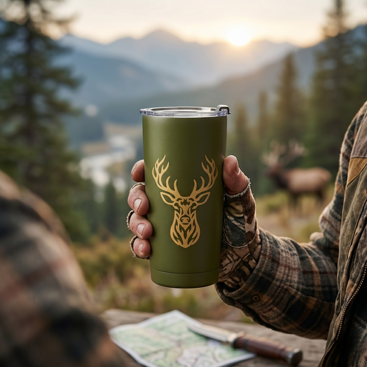 Hunter in camo clothing holding the olive green whitetail deer tumbler outdoors with mountain peaks and a meadow visible behind him at sunrise.