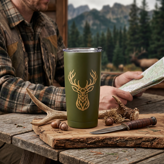 Olive green whitetail deer hunting tumbler on a rustic wooden camp table surrounded by shed antlers, acorns, a hunting knife, and a topographic map with a hunter in the background.