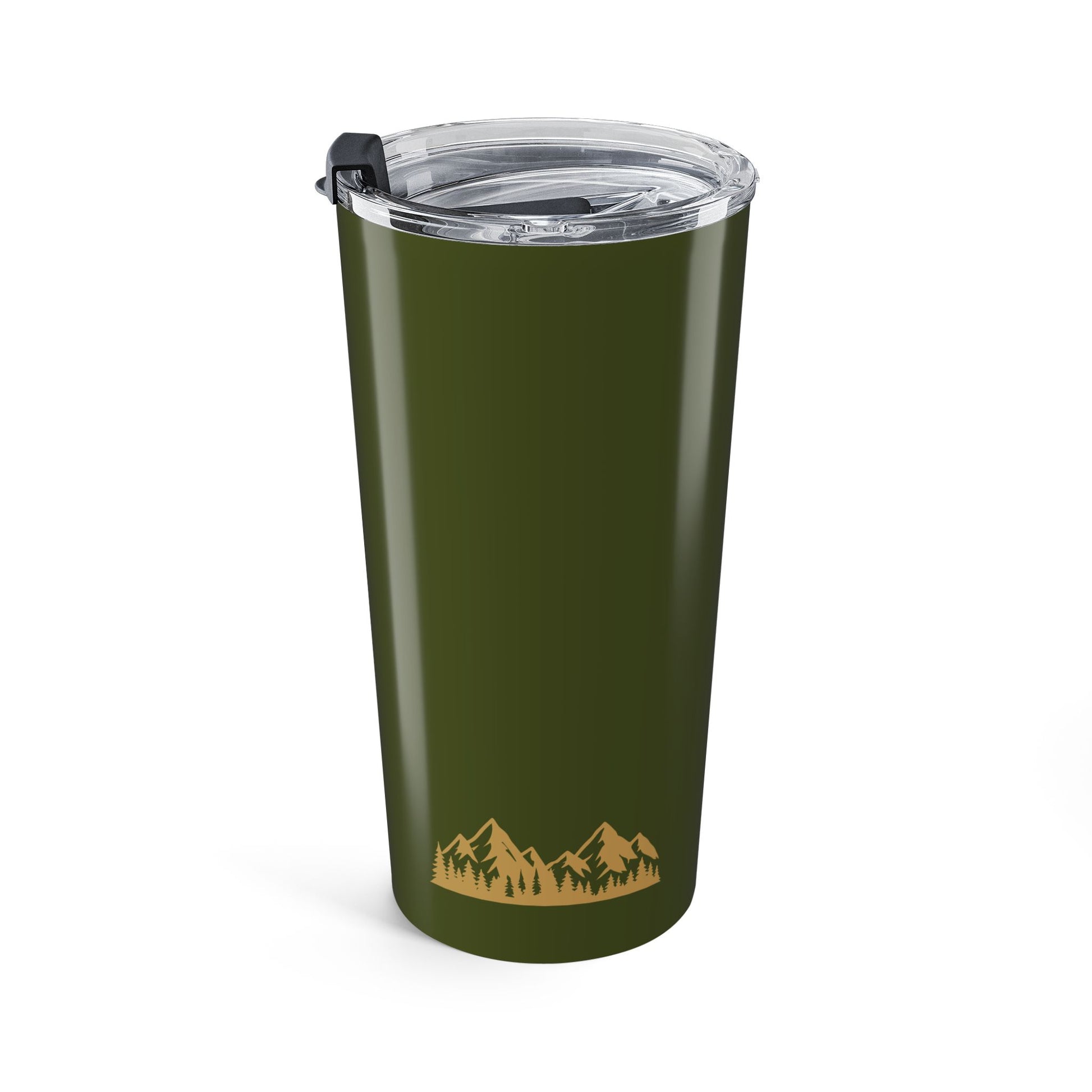 Olive green 20oz stainless steel hunting tumbler on a white background showing the back side with a gold mountain ridge and pine tree silhouette graphic along the base.