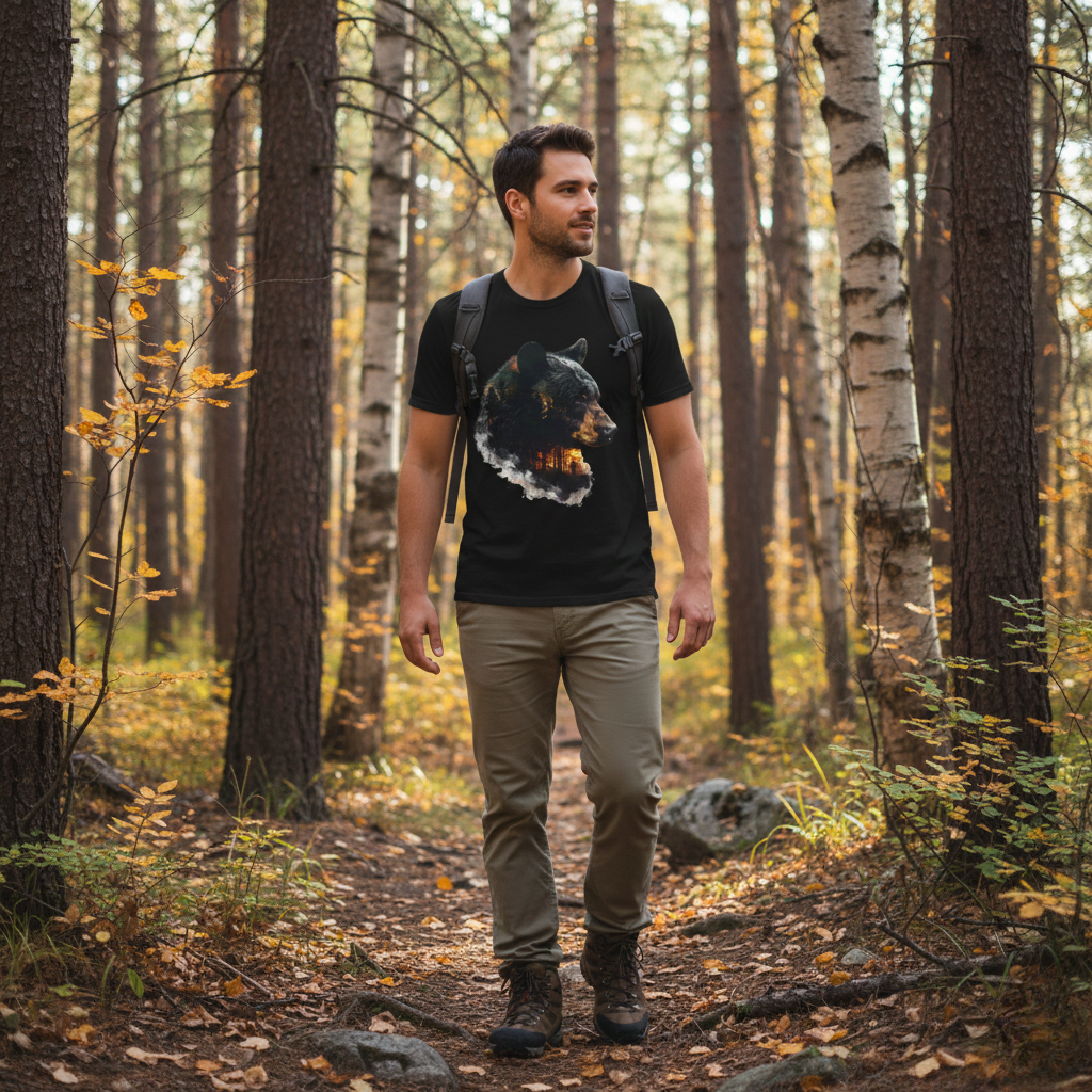 Man wearing the black bear forest double exposure graphic tee in black while walking an autumn trail through birch and pine trees with a backpack.