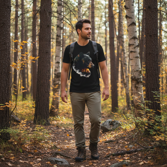 Man wearing the black bear forest double exposure graphic tee in black while walking an autumn trail through birch and pine trees with a backpack.