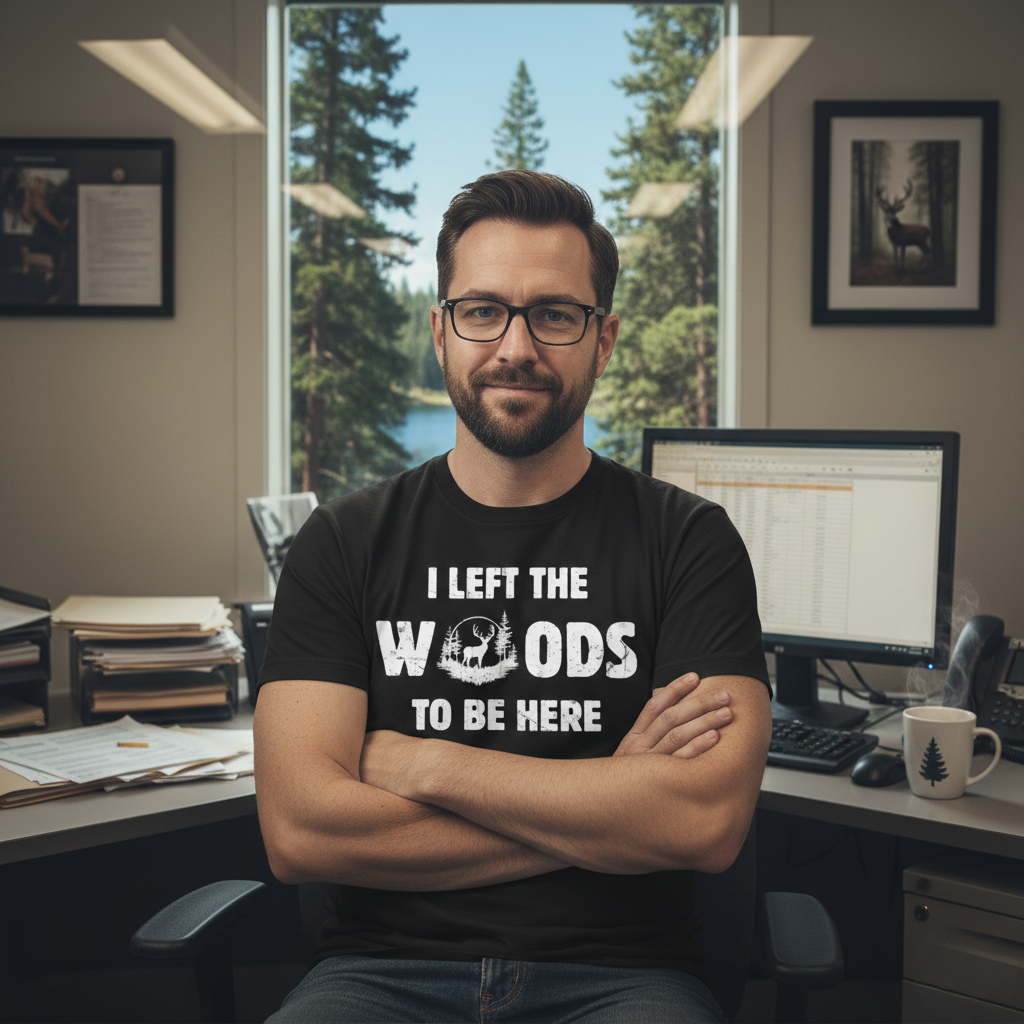 Man wearing the I Left the Woods to Be Here hunting humor tee sitting at an office desk with arms crossed, a pine forest visible through the window behind him.