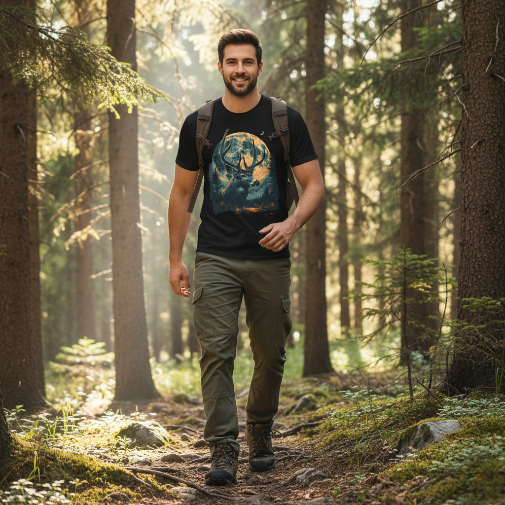 Man wearing the whitetail buck full moon wildlife graphic tee in black while walking through a sunlit pine forest with a backpack.