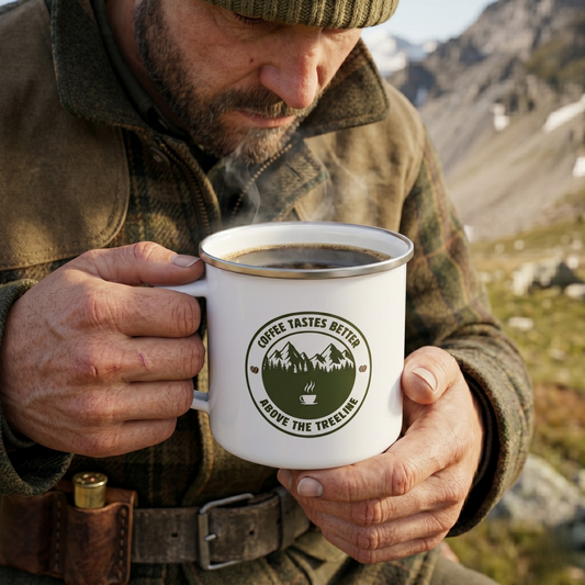 Weathered outdoorsman in a wool jacket and knit beanie cradling the Coffee Tastes Better Above the Treeline enamel camp mug with both hands on a high mountain ridge, steam rising from the coffee, with rocky alpine terrain behind him.