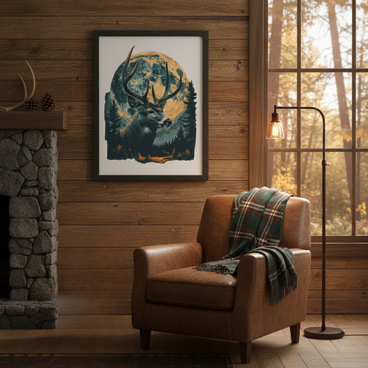Whitetail buck full moon hunting poster displayed in a black frame on a rustic wood plank wall above a leather armchair beside a stone fireplace in a hunting cabin.