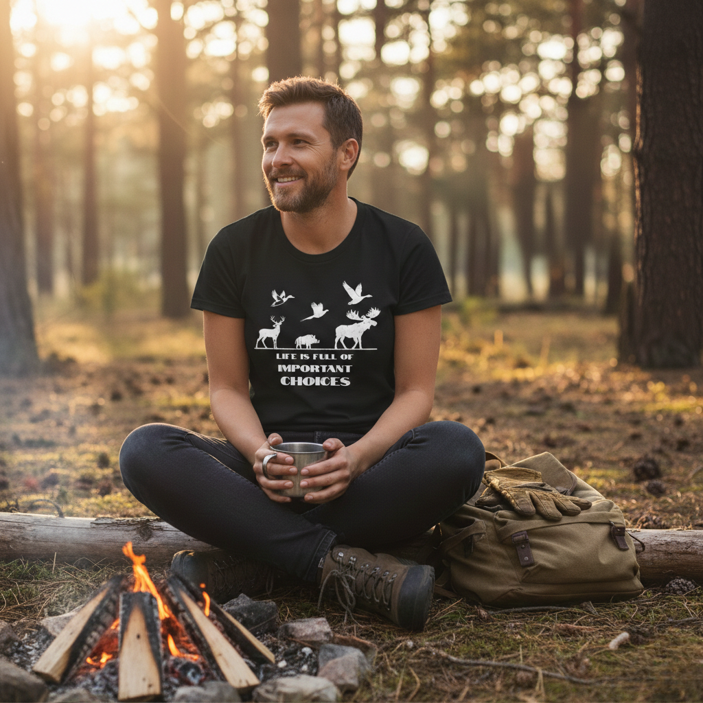 Man wearing the Life is Full of Important Choices game animals hunting humor tee in black while sitting cross-legged by a campfire in a sunlit pine forest.